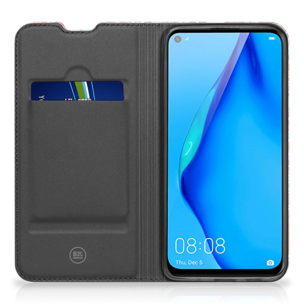 Huawei P40 Lite Bookcase Retro, stand case, zwart, vooraanzicht.
