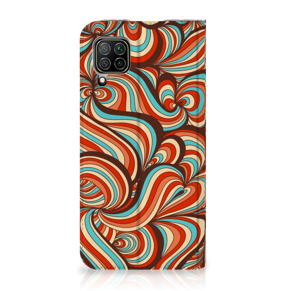 Huawei P40 Lite Bookcase Retro design gekleurde swirl print vooraanzicht.