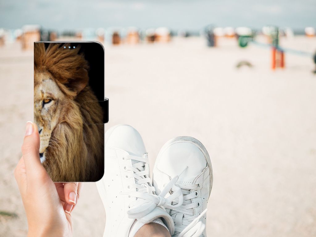 Huawei P40 Lite Telefoonhoesje met Pasjes Leeuw design leeuw aanzicht
