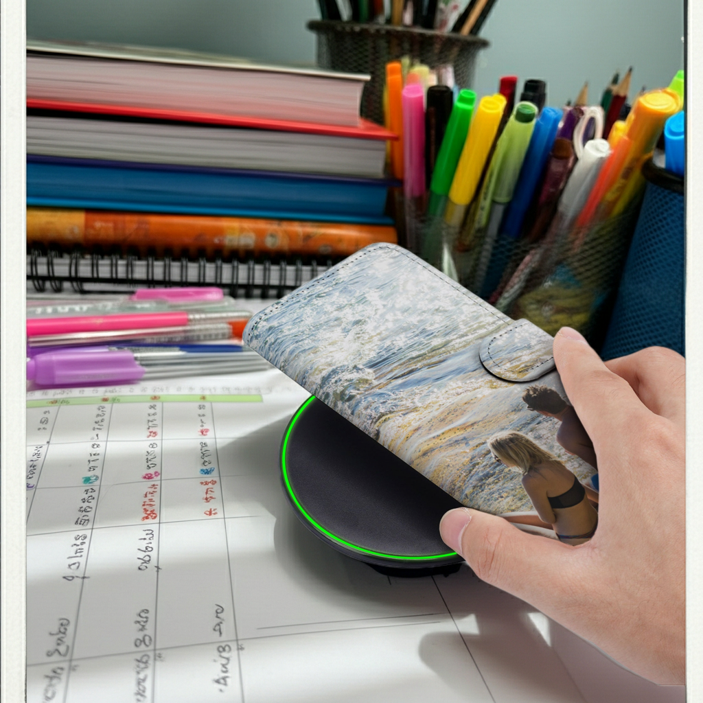 Book Case Hoesje Maken Samsung Galaxy S25 Plus met persoonlijke foto en smartphone op een bureau.