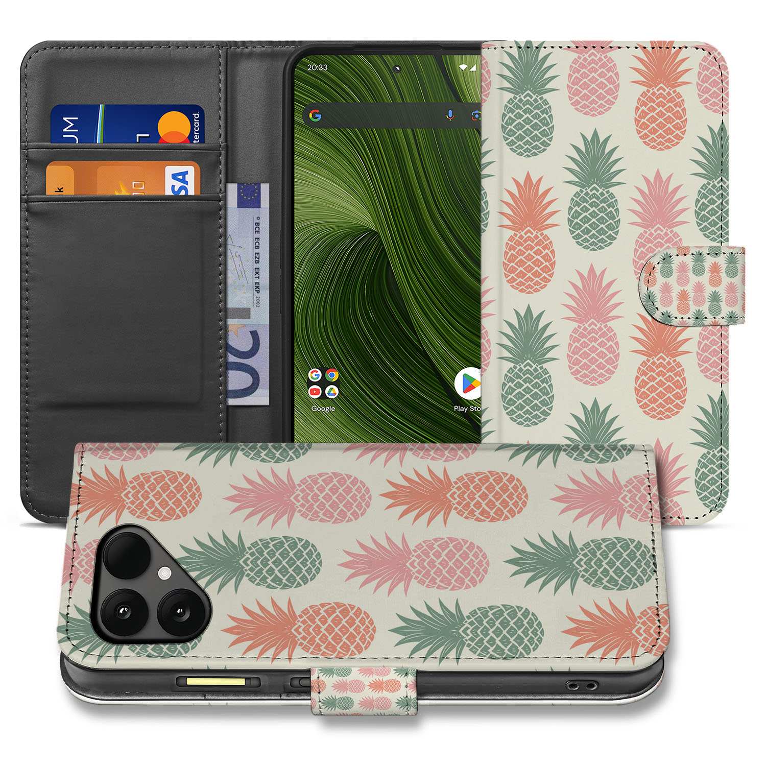 Fairphone 6 Kleurrijke Ananas Bookcase Hoesje Roze Rood Groen Print aanzicht