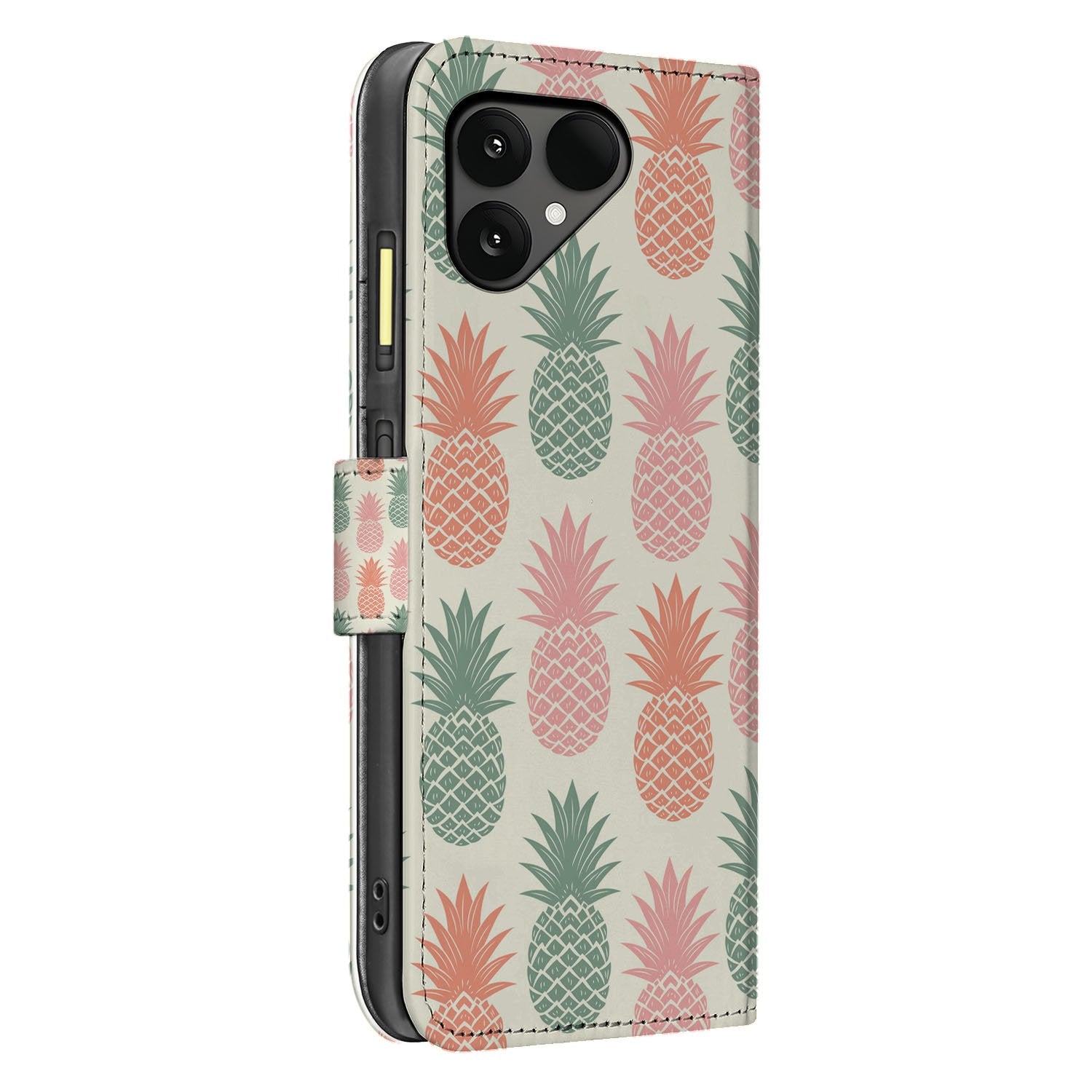 Fairphone 6 kleurrijke ananas bookcase hoesje roze rood groen print zijaanzicht
