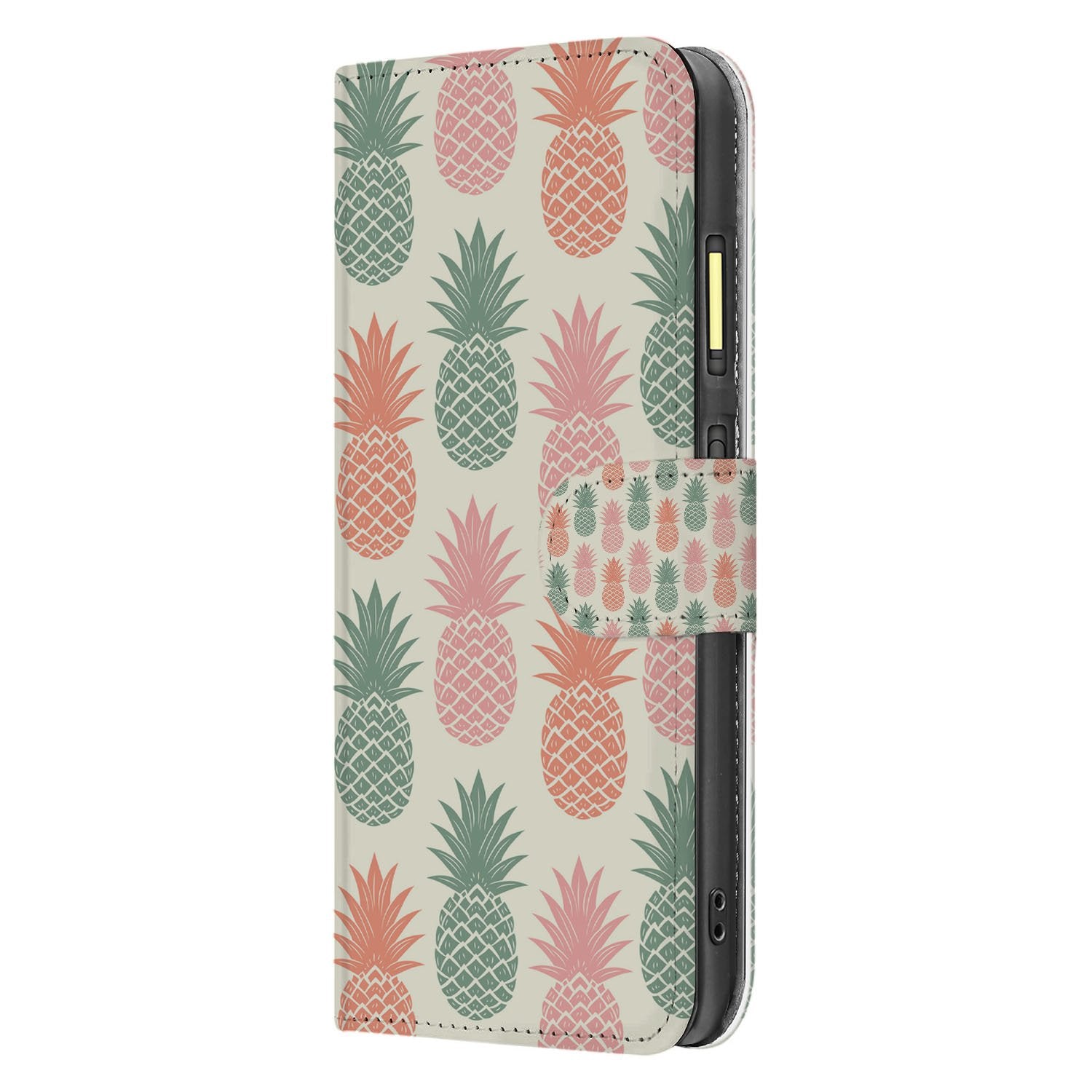 Fairphone 6 Kleurrijke Ananas Bookcase Hoesje Roze Rood Groen Print Zijaanzicht