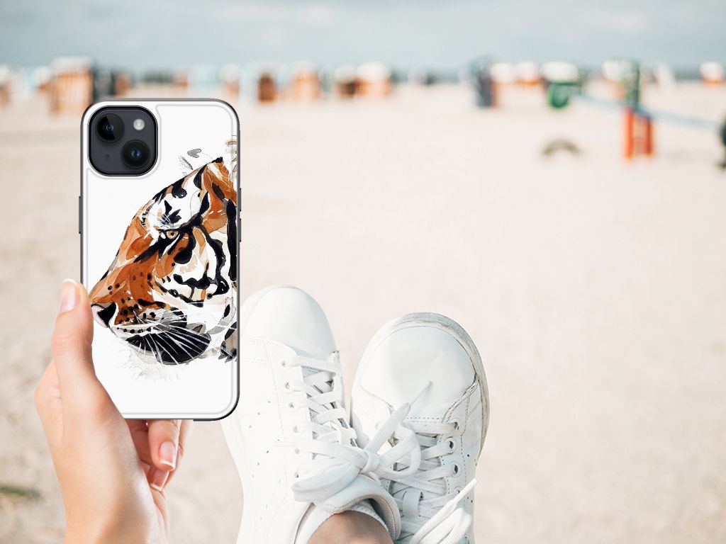 Apple iPhone 15 Plus Kleurrijke Telefoonhoesje Watercolor Tiger hand strand