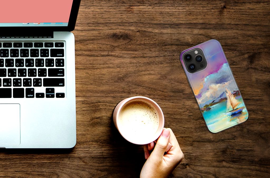 Apple iPhone 15 Pro Max Kleurrijke Telefoonhoesje iPhone 15 Pro Max Boat Watercoloring boven