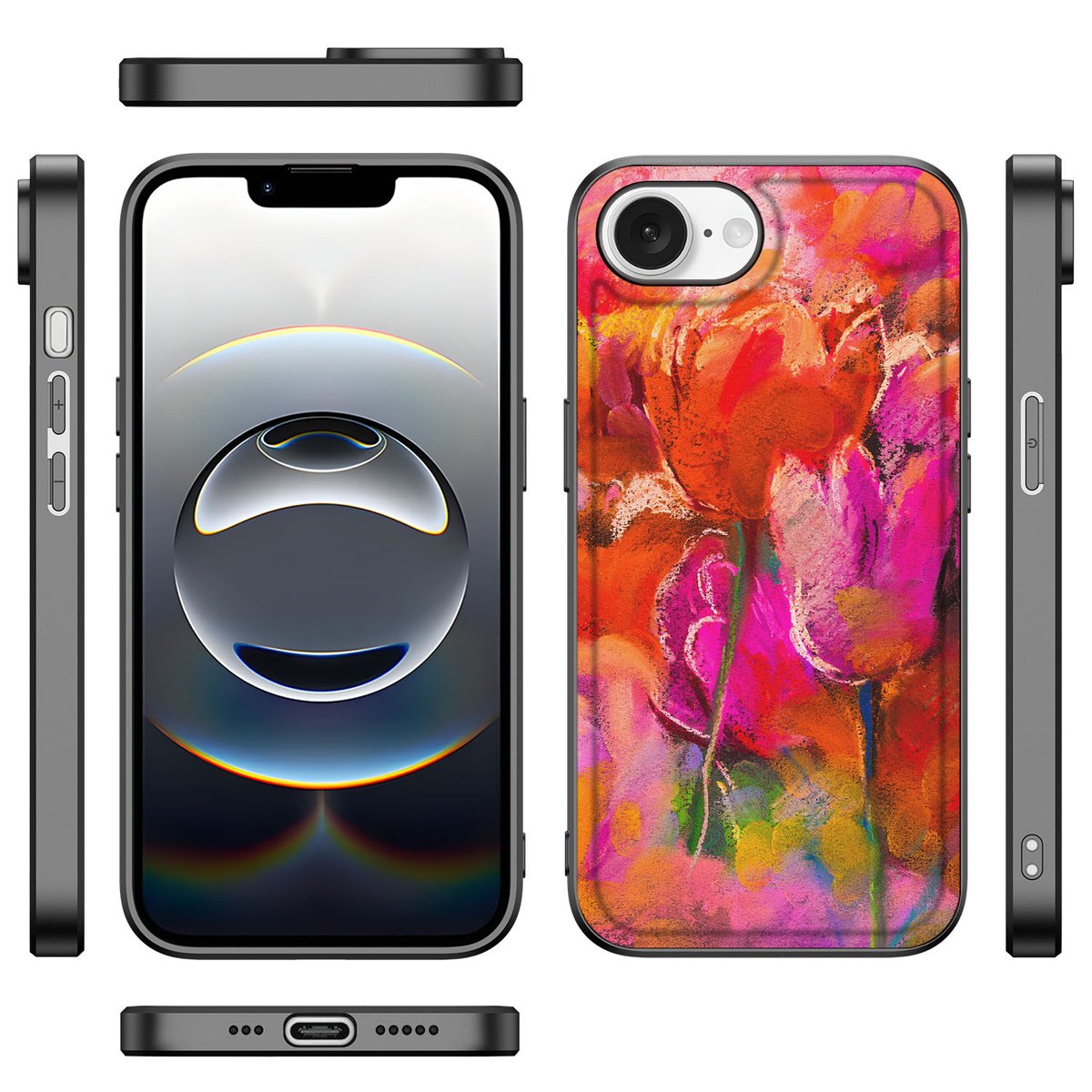 Apple iPhone 16e Kleurrijke Telefoonhoesje iPhone 16e Tulips watercoloring voorkant zijkant