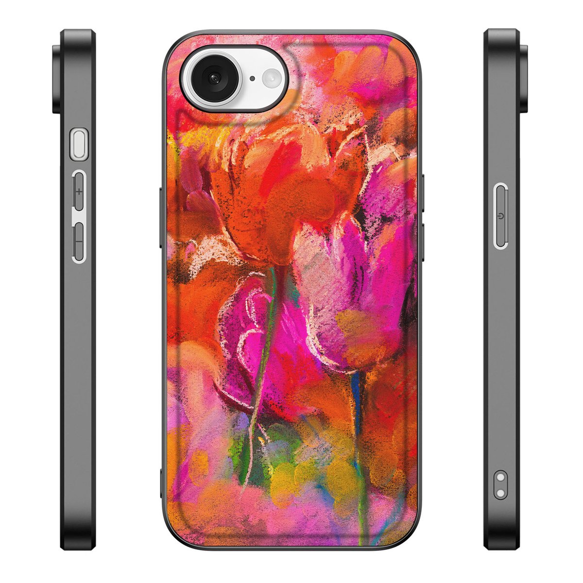 Apple iPhone 16e Kleurrijke Telefoonhoesje Tulips watercoloring voorkant zijkanten