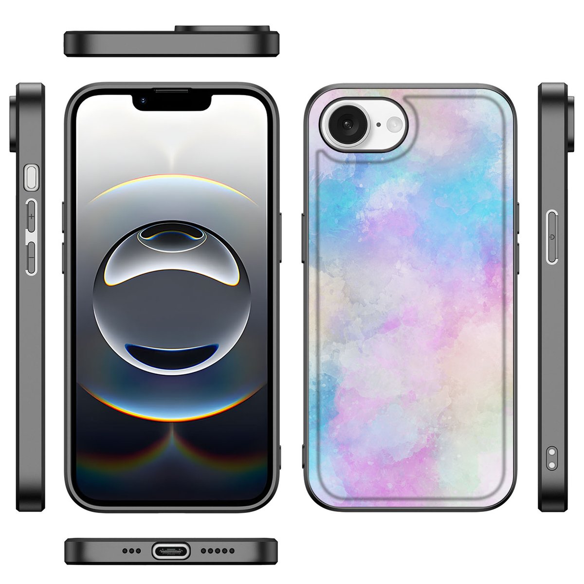 Apple iPhone 16e Kleurrijke Telefoonhoesje Watercolor Light voor en achter aanzicht