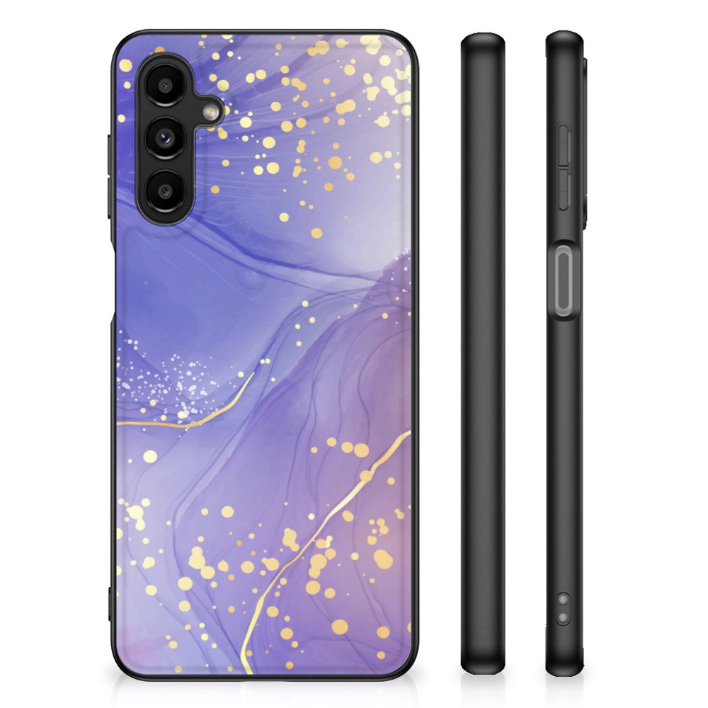 Kleurrijke Telefoonhoesje voor Samsung Galaxy A14 5G Watercolor Paars met abstracte paarse en gouden spetters.