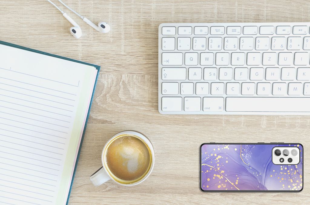 Samsung Galaxy A52 A52s (5G 4G) Kleurrijke Telefoonhoesje Watercolor Paars bovenaanzicht bureau