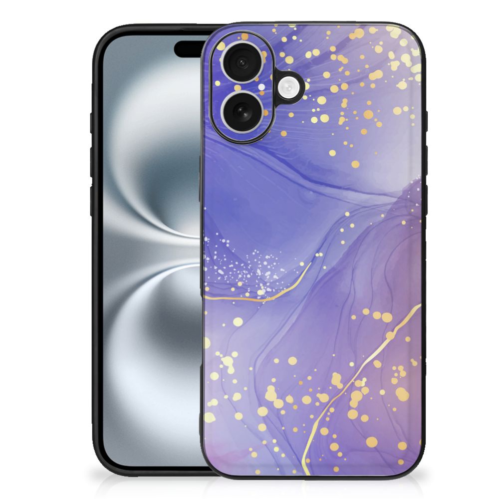 Kleurrijke Telefoonhoesje voor iPhone 16 Plus Watercolor Paars hoesje paars gouden stippen achteraanzicht