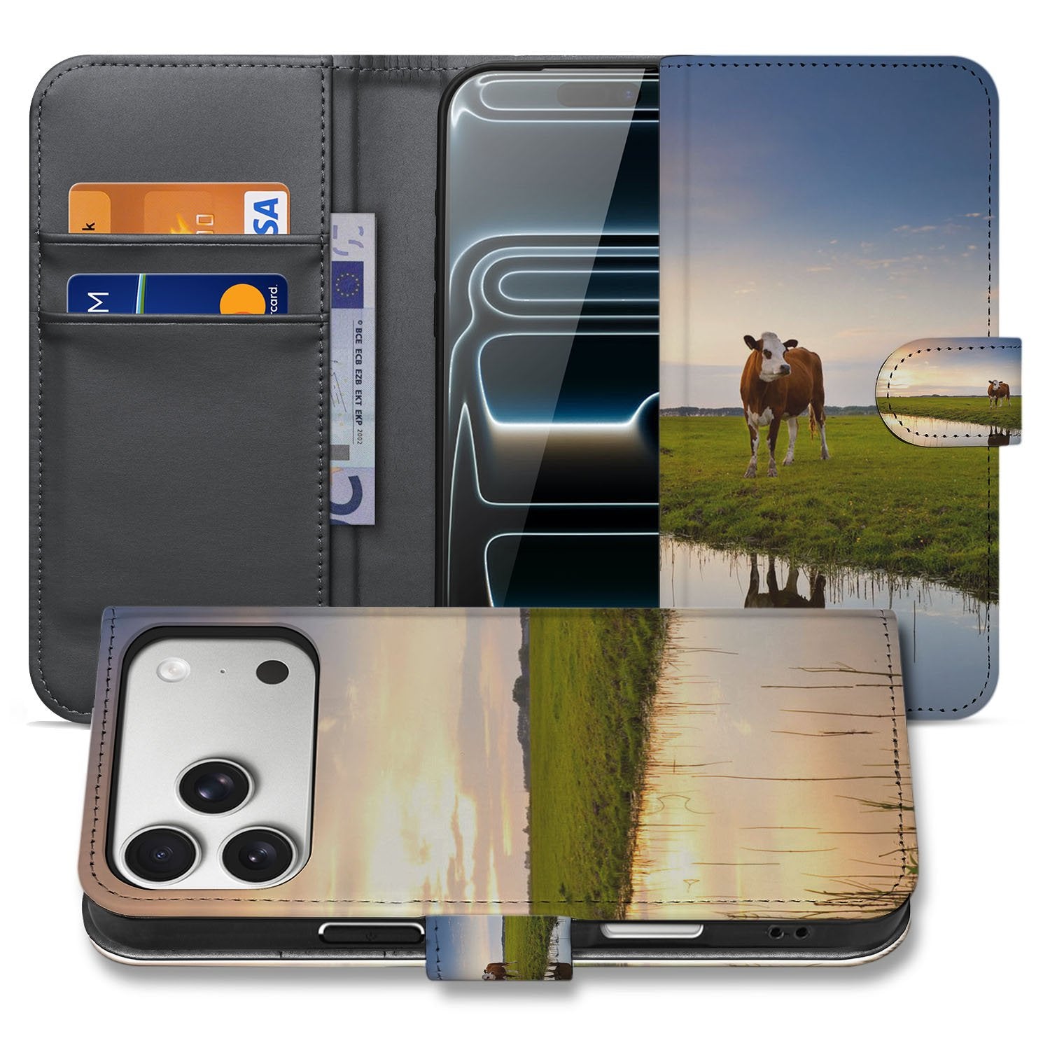 Koe Hoesje Apple iPhone 17 Pro Book Case koeienprint design voorkant