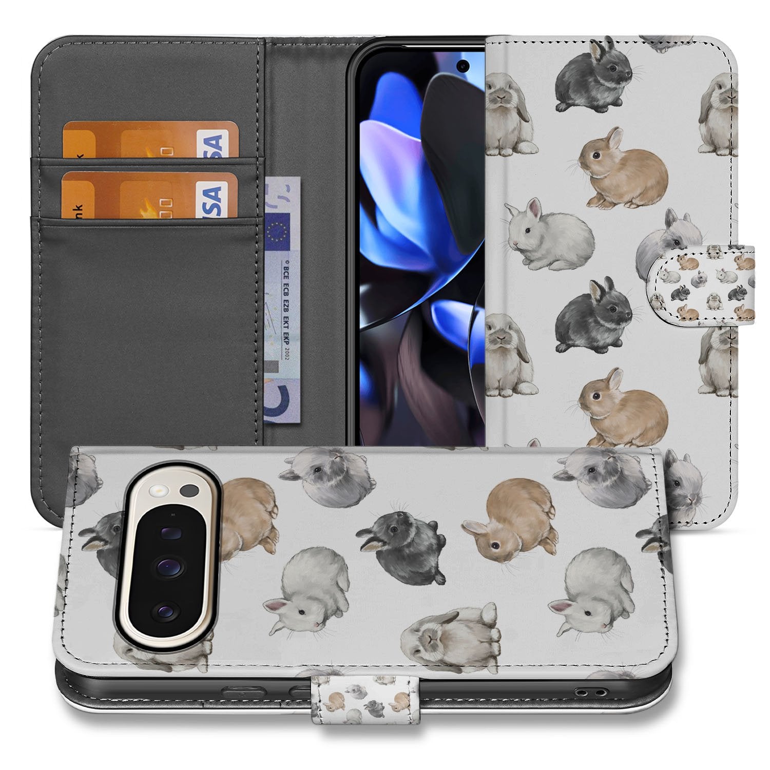 Konijntjes Google Pixel 10 Pro Telefoonhoesje Book Case wit aanzicht