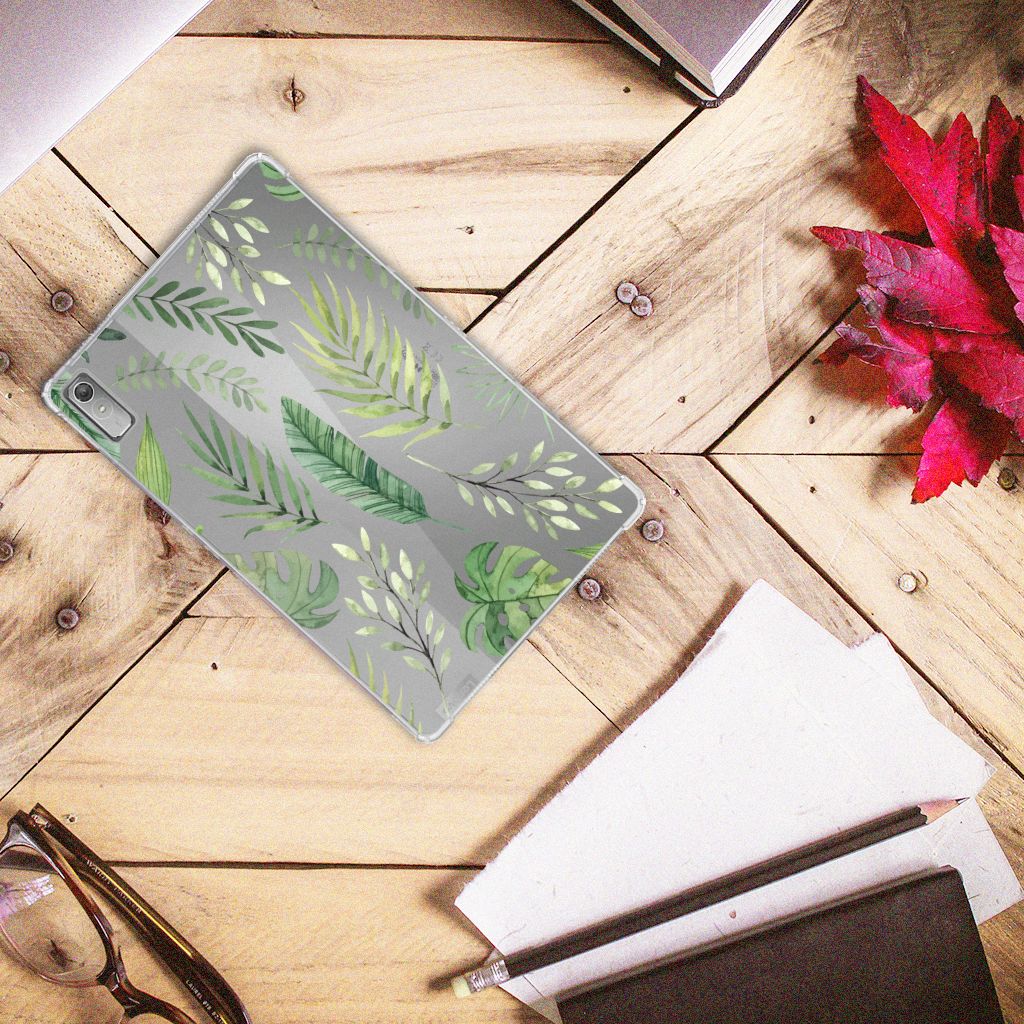 Lenovo Tab P11 Gen 2 Siliconen Hoesje Leaves met groene bladeren op een houten tafel, perfect als cadeau 🌿.
