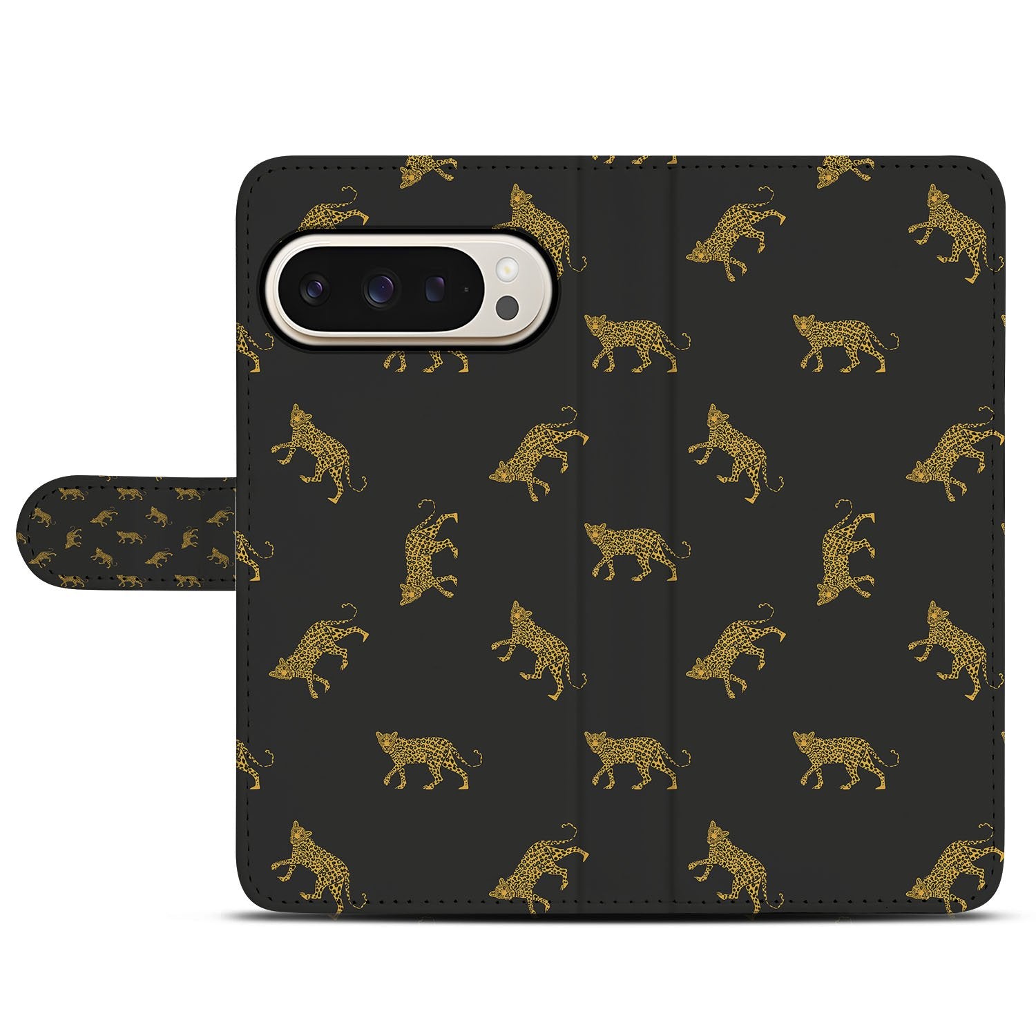 Leopards Google Pixel 10 Pro Book Case book case luipaardprint zwart goud aanzicht