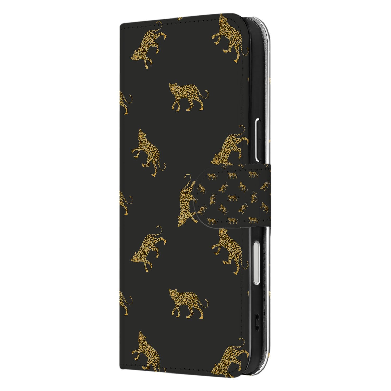 Apple iPhone Air Leopards Hoesje Voor Apple iPhone Air Book Case luipaard print zwart goud aanzicht