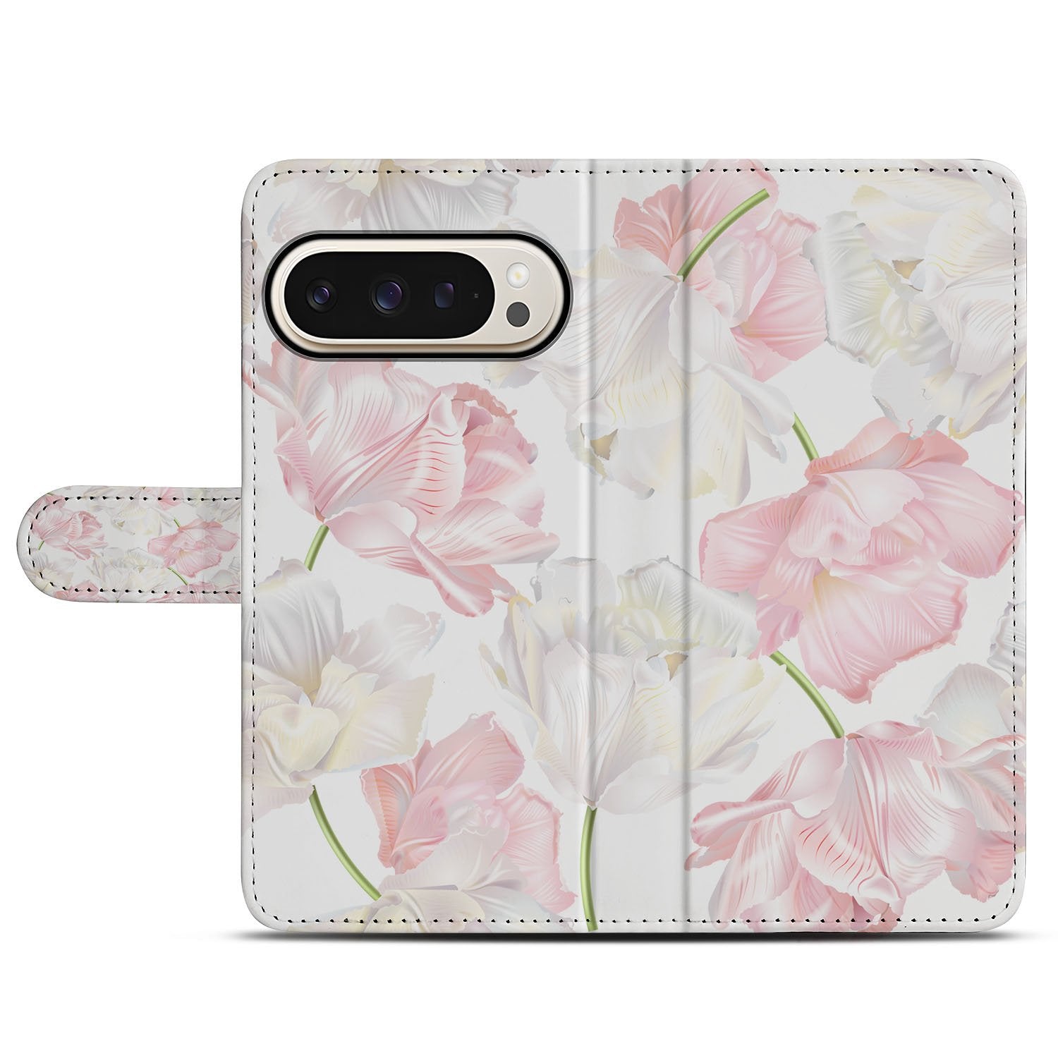 Lovely Flowers Google Pixel 10 | 10 Pro Book Case Roze Wit Met Magneet Kunstleer Bescherming bloemmotief voorkant