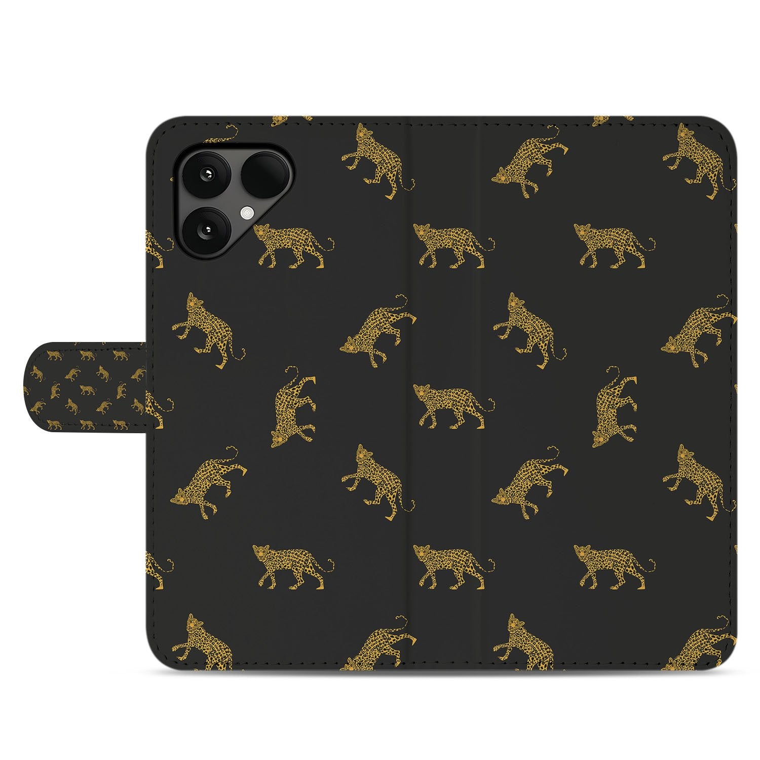 Luipaardprint Fairphone 6 Book Case hoesje zwart goud patroon voorkant