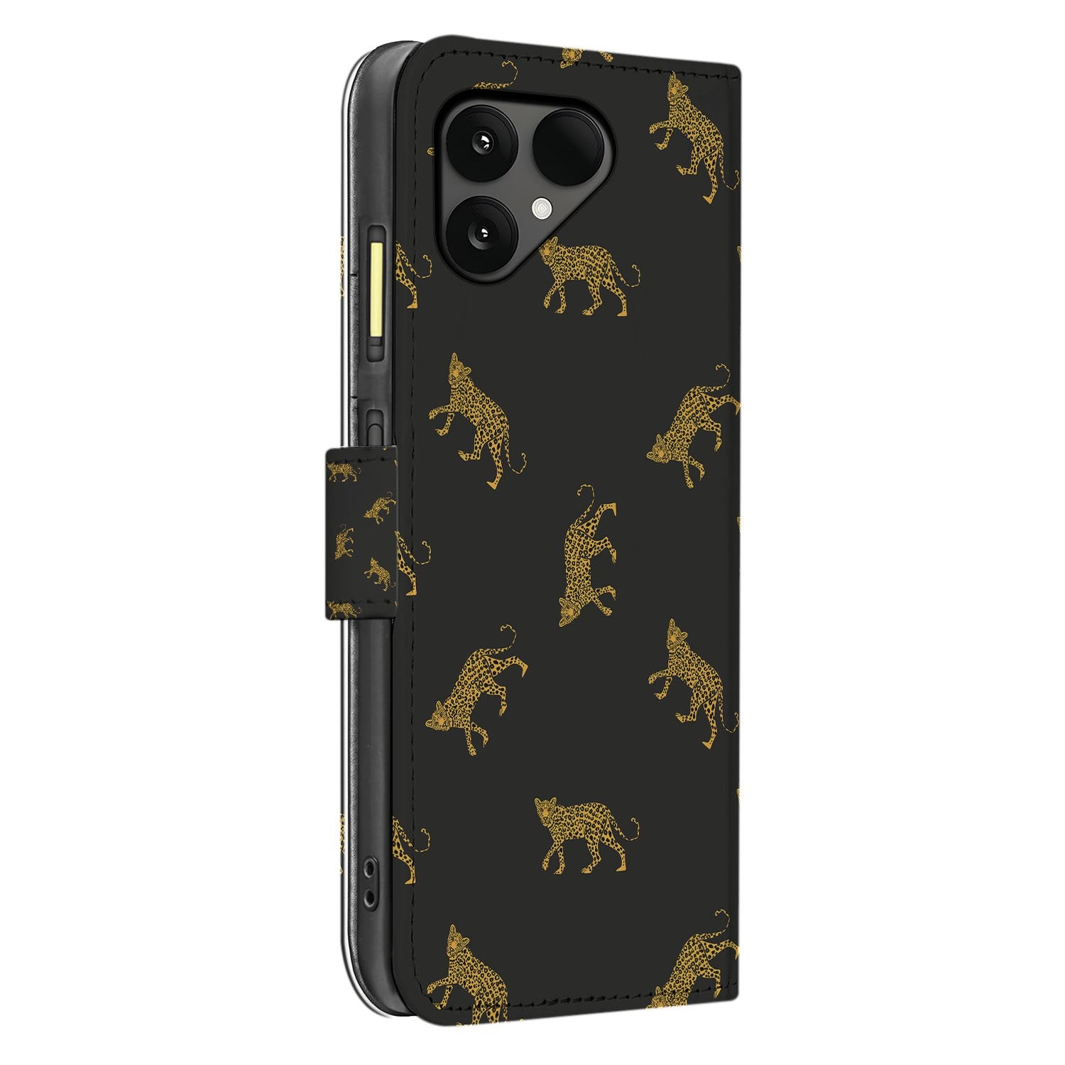 Luipaardprint Fairphone 6 Book Case hoesje luipaardprint zwart goud zijaanzicht