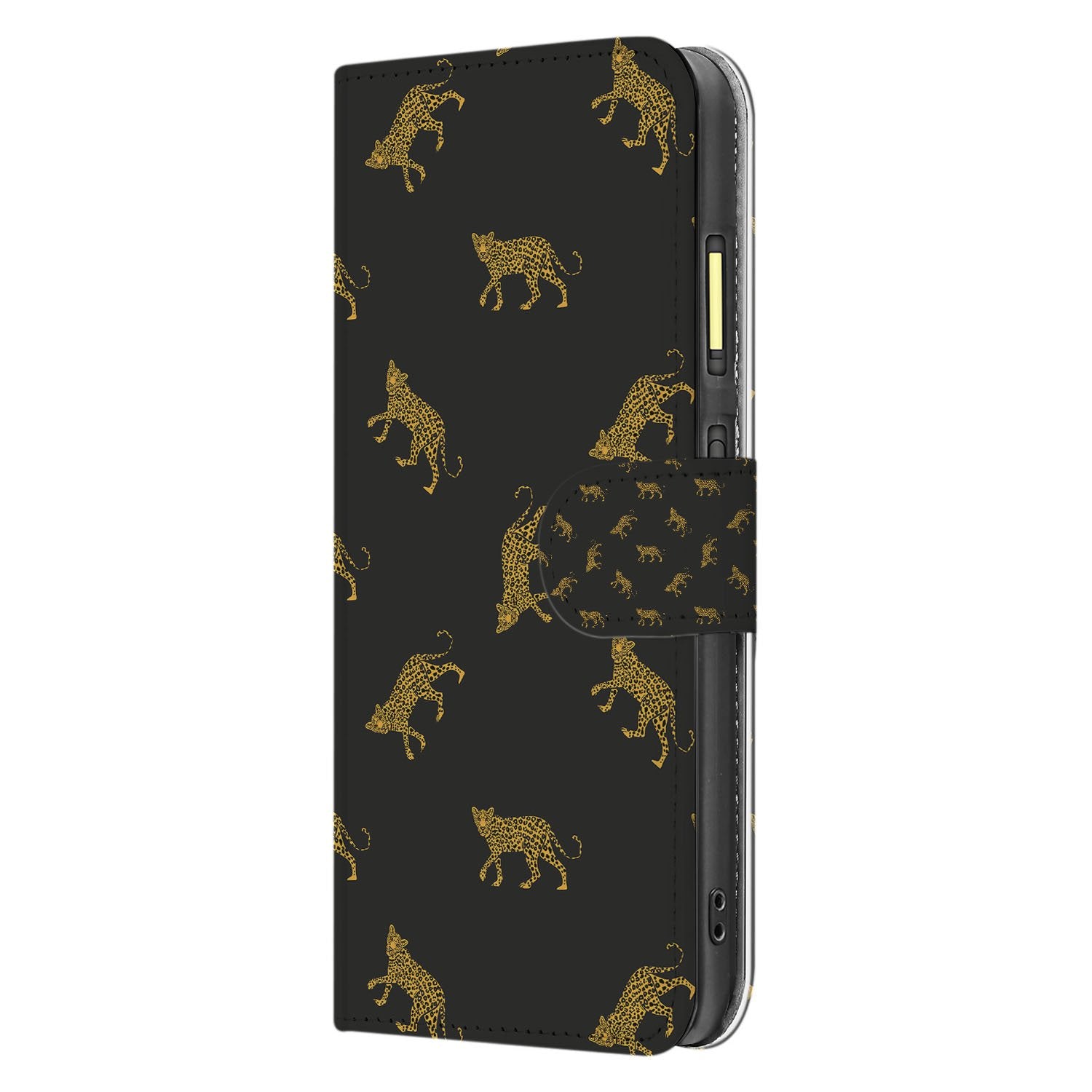 Luipaardprint Fairphone 6 Book Case luipaardprint zwart goud aanzicht