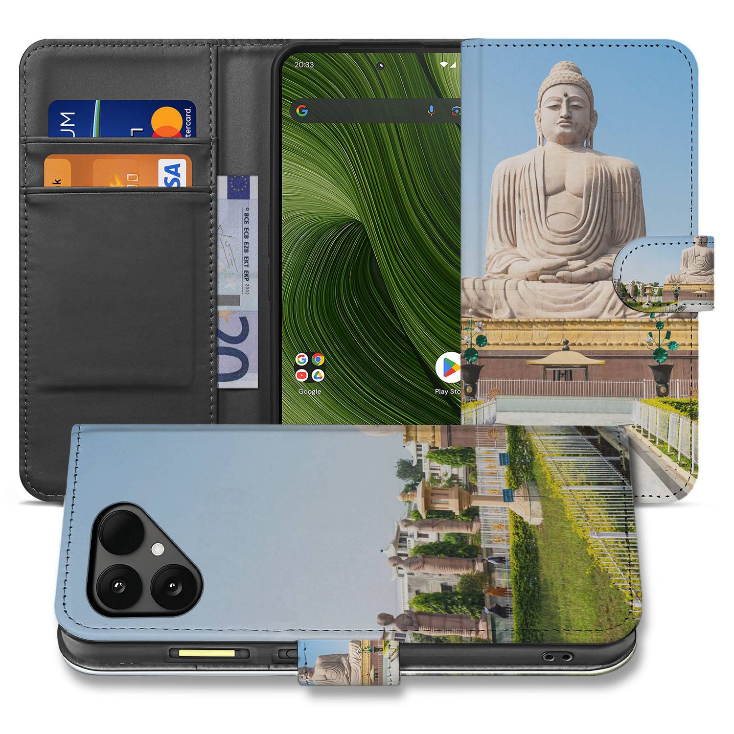Fairphone 6 Luxe Bookcase Hoesje Boeddha Goud Blauw Design voorkant