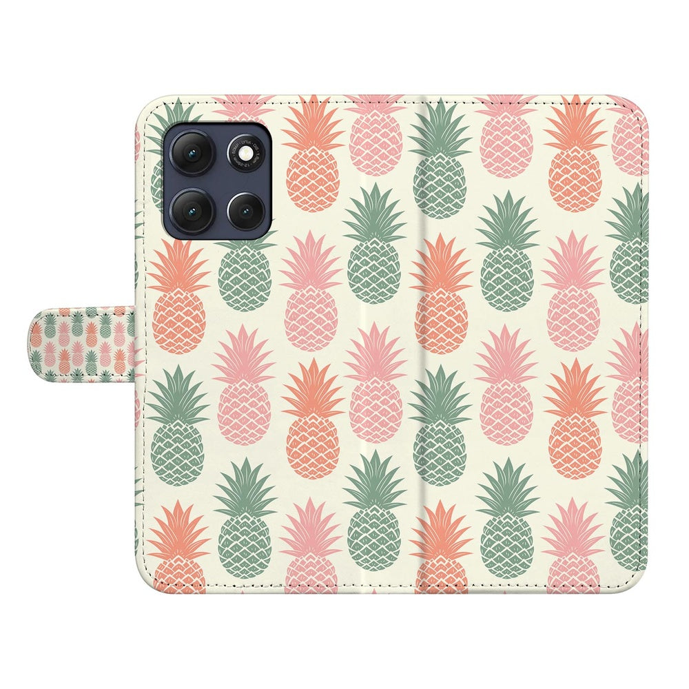 Motorola Moto G86 Bookcase Ananas Roze Rood Groen Vooraanzicht met tropische ananasprint op kunstleer.