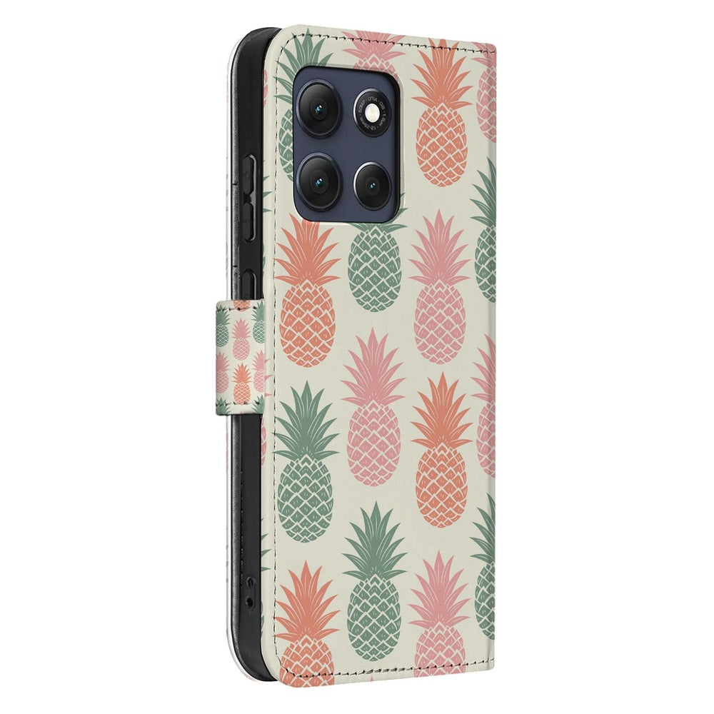 Motorola Moto G86 Bookcase Ananas Roze Rood Groen schuin aanzicht.