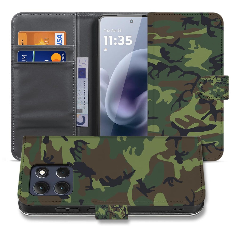Motorola Moto G86 Portemonnee Hoesje Camouflage Leger Voor- en achteraanzicht met army camouflage design.