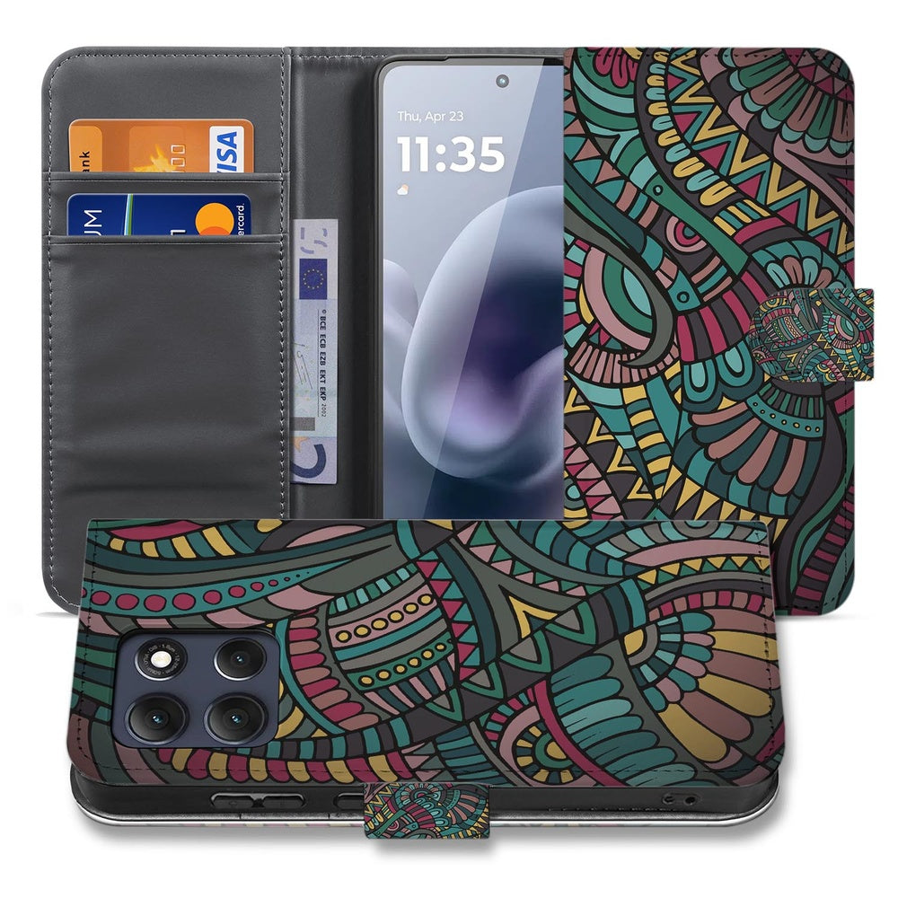 Motorola Moto G86 Hoesje Aztec wallet hoesje kleurrijke print voor- en achteraanzicht.