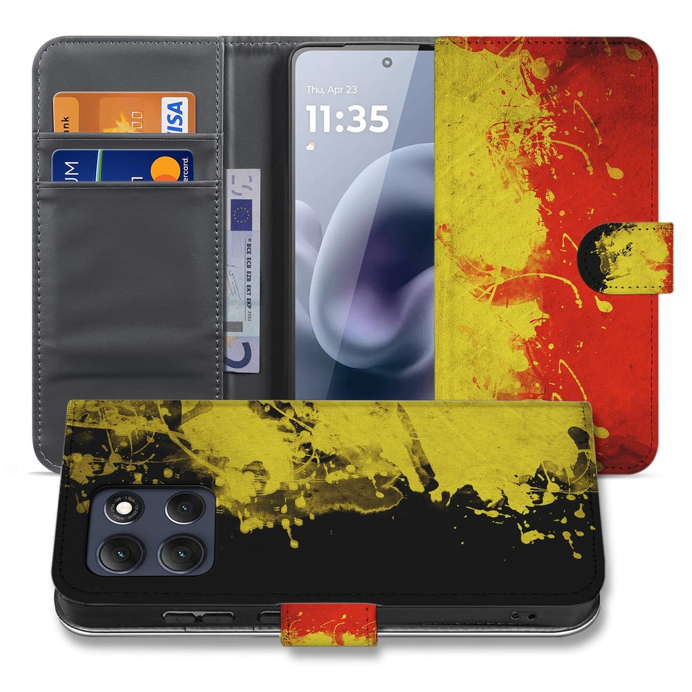 Motorola Moto G86 Bookcase Hoesje Belgische Vlag voor- en achteraanzicht.
