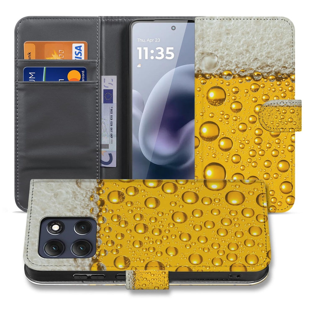 Motorola Moto G86 Book Cover Bier Print Voor- en achteraanzicht.