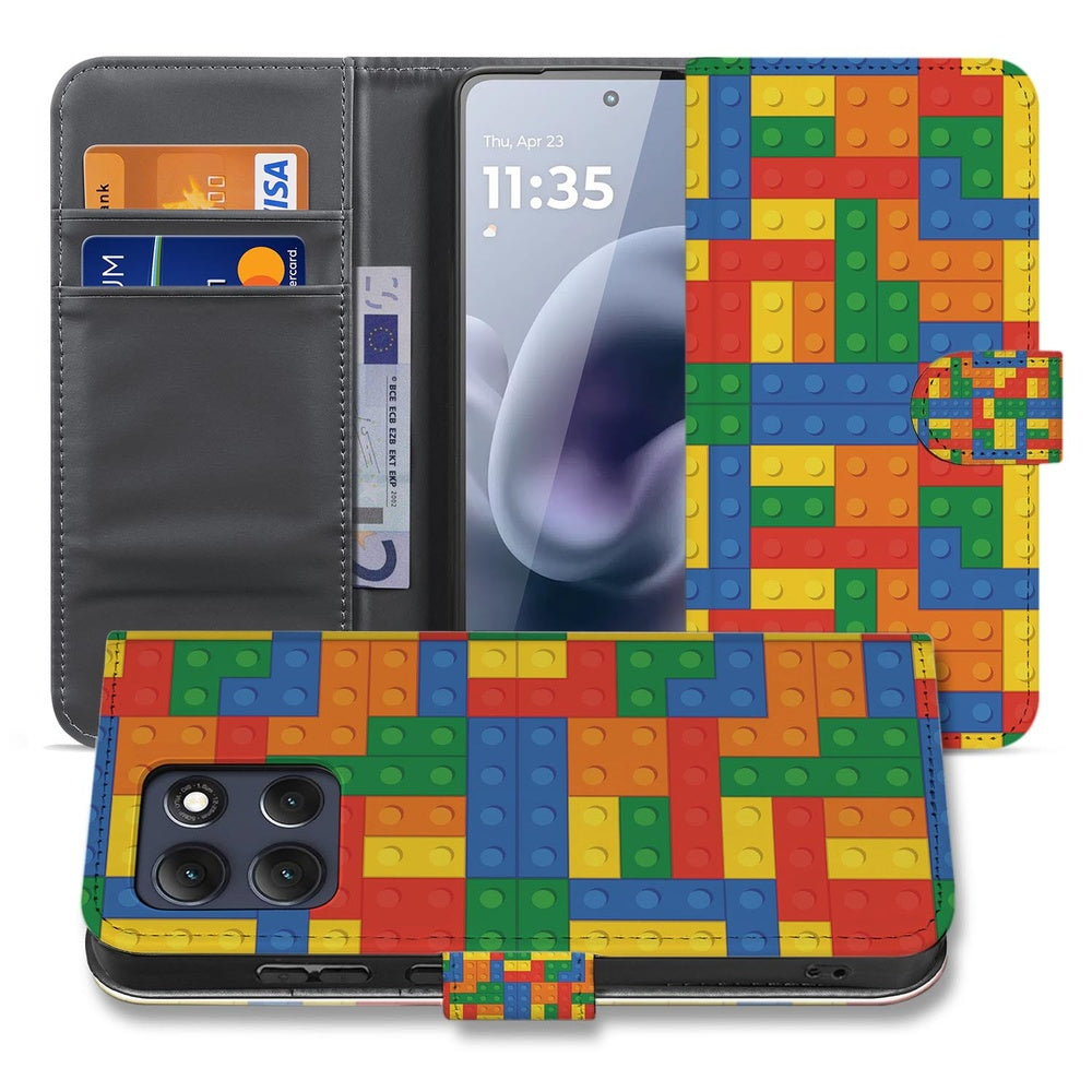 Motorola Moto G86 Hoesje Blokken Design boekcase multicolor blokkenpatroon voor- en achteraanzicht.