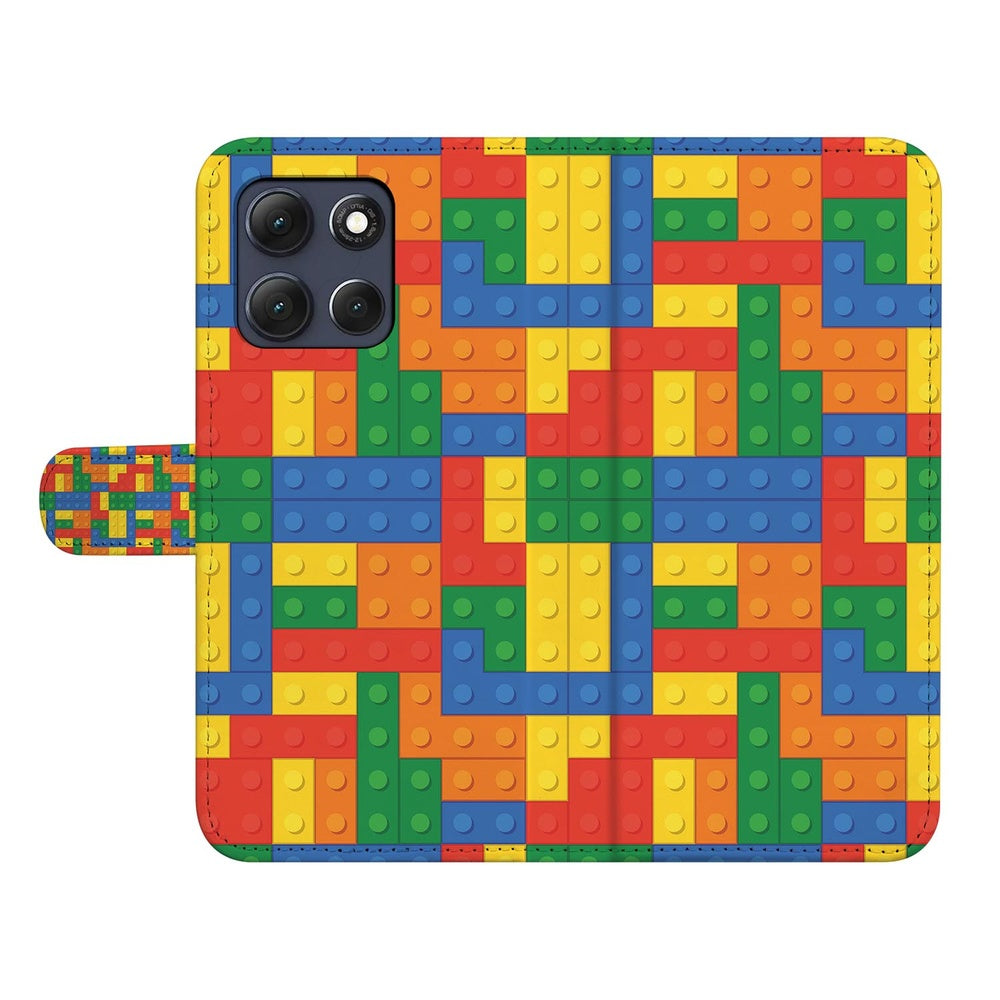 Motorola Moto G86 Hoesje Blokken Design Book Case kleurrijk blokkenpatroon schuin aanzicht.