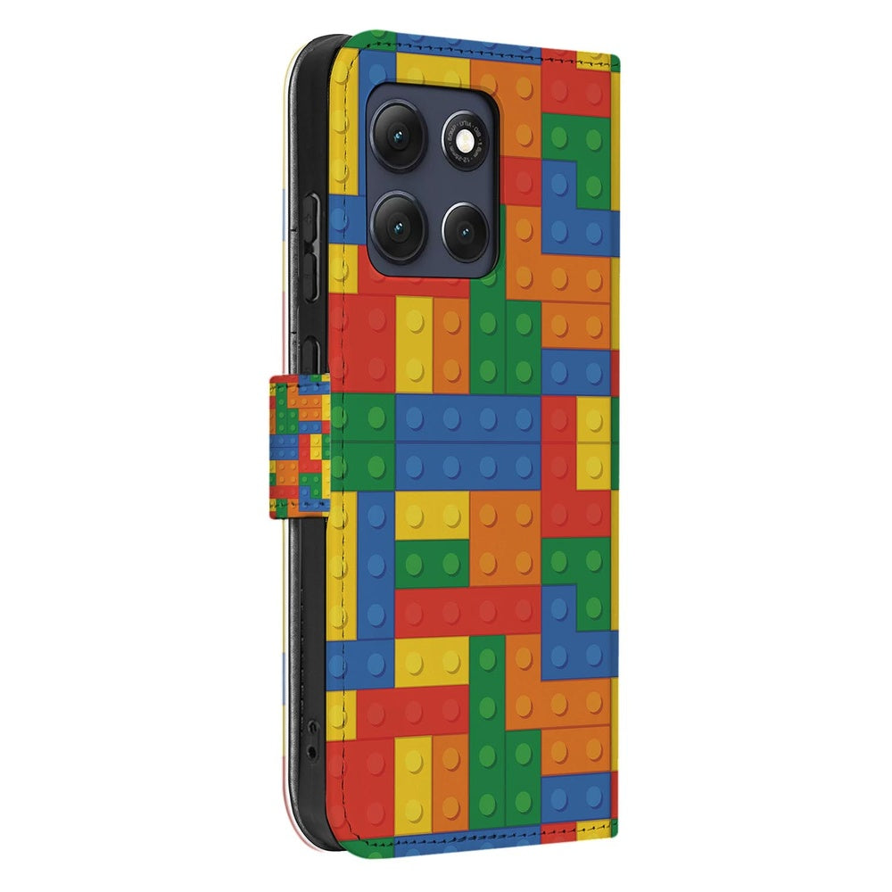 Motorola Moto G86 Hoesje Blokken Design Book Case kleurrijk blokkenpatroon schuin aanzicht.