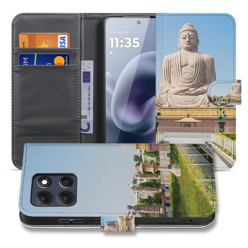 Motorola Moto G86 Book Case Boeddha gouden blauwe illustratie voor- en achteraanzicht.
