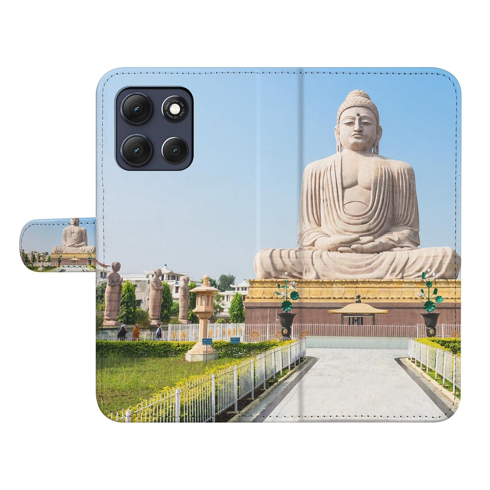 Motorola Moto G86 Book Case Boeddha gouden blauwe print vooraanzicht.