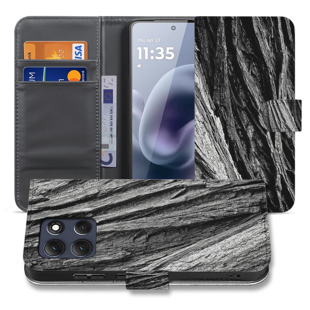 Motorola Moto G86 Telefoonhoesje Boomschors Grijs Rustiek Vooraanzicht en Binnenkant.