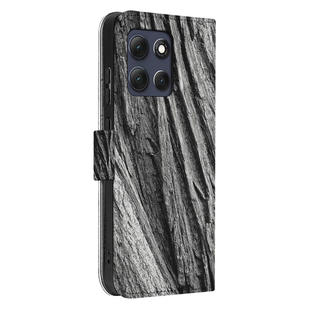 Motorola Moto G86 Telefoonhoesje Boomschors Grijs Rustiek Schuin aanzicht.