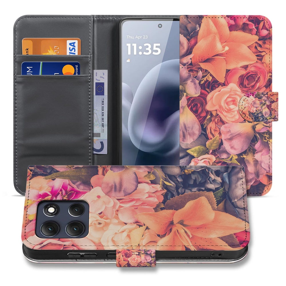 Motorola Moto G86 Book Case Bosje Bloemen Vooraanzicht met bloemrijke print.