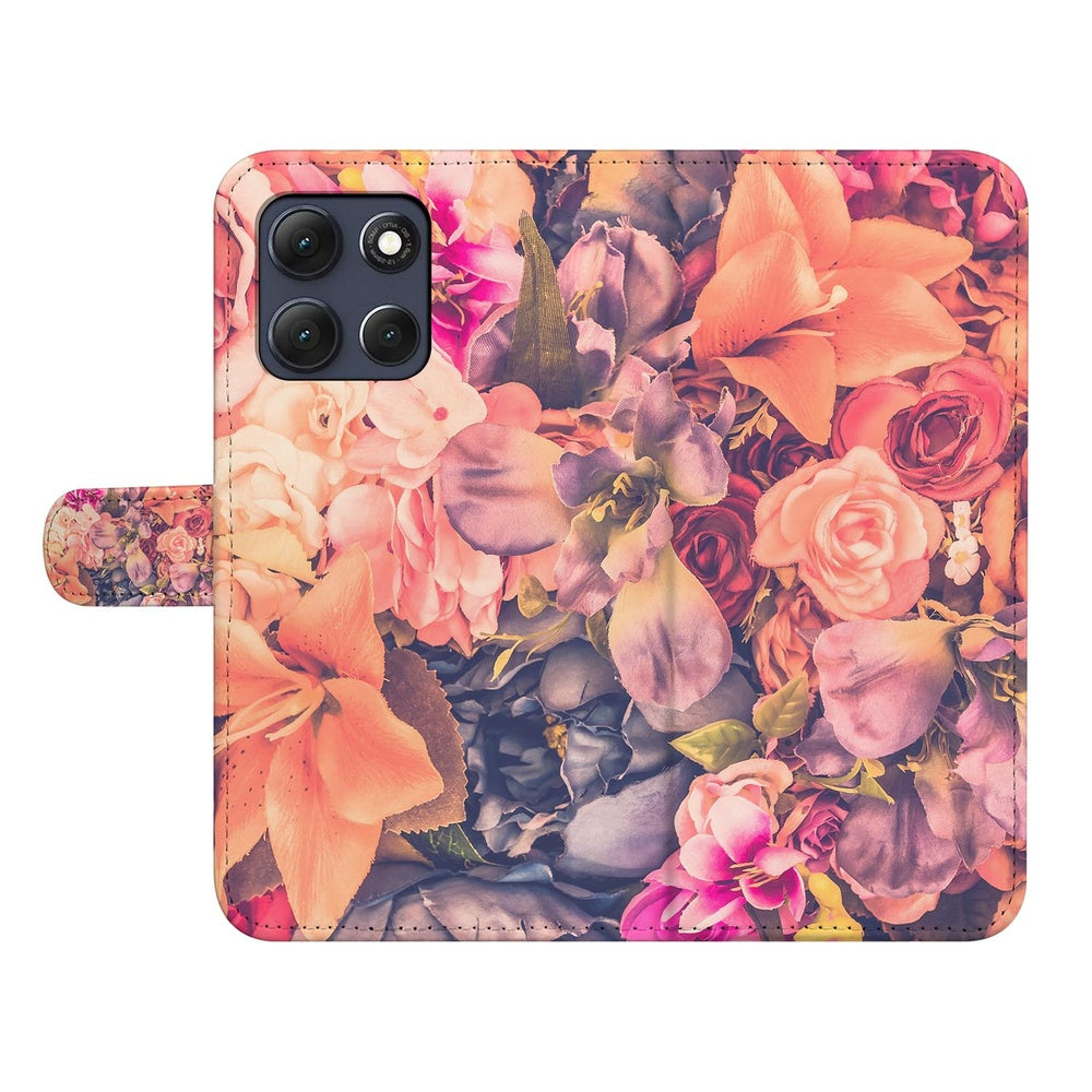 Motorola Moto G86 Book Case Bosje Bloemen Voor- en achteraanzicht met bloemrijke print in roze, oranje en paars.