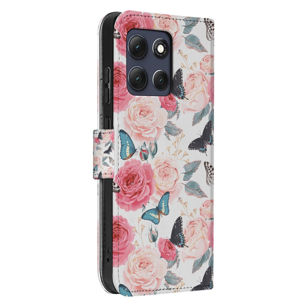 Motorola Moto G86 Book Case Hoesje Roze Butterfly detailaanzicht met roze rozen en vlinders.