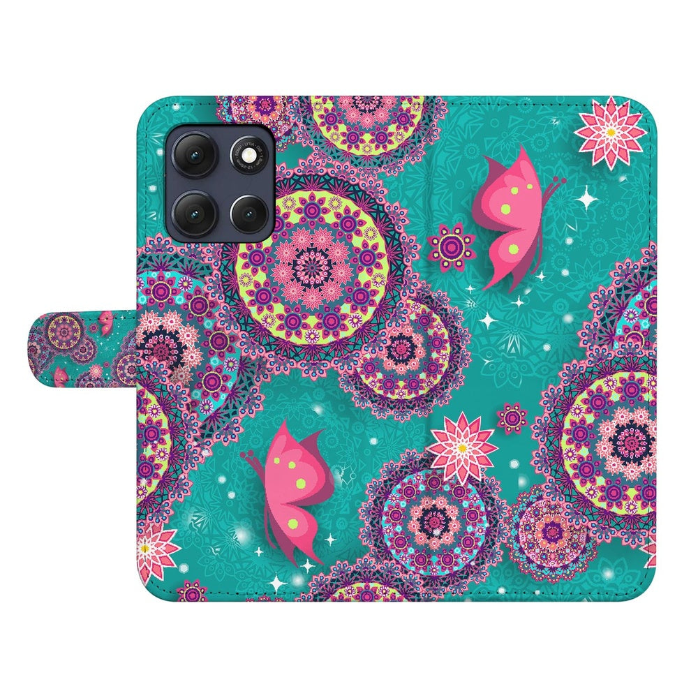 Motorola Moto G86 Book Case Hoesje Met Pasjes Cirkels en Vlinders Vooraanzicht met kleurrijke print van cirkels en vlinders.