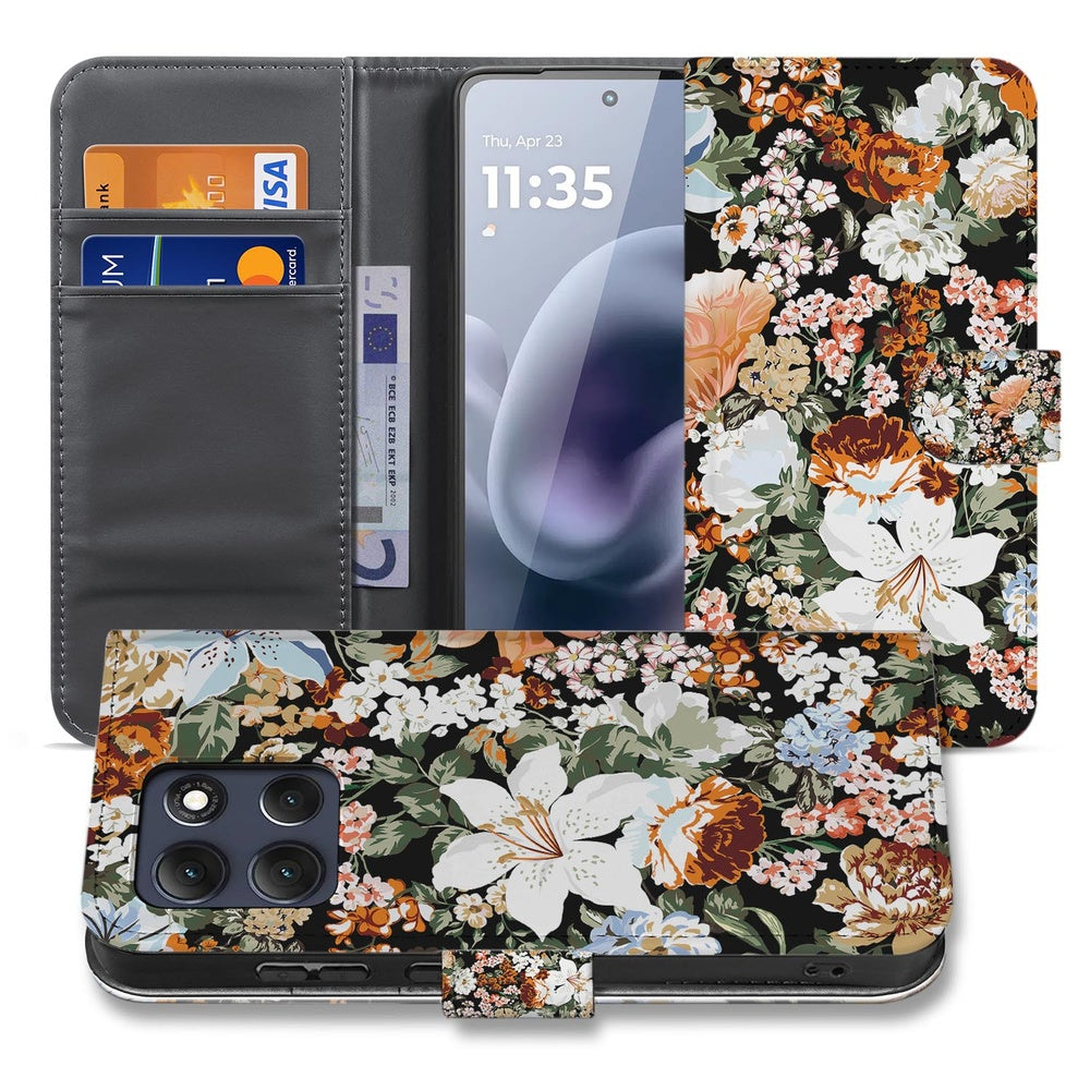 Motorola Moto G86 Portemonnee Hoesje Dark Flowers binnenkant pasjes en vooraanzicht.