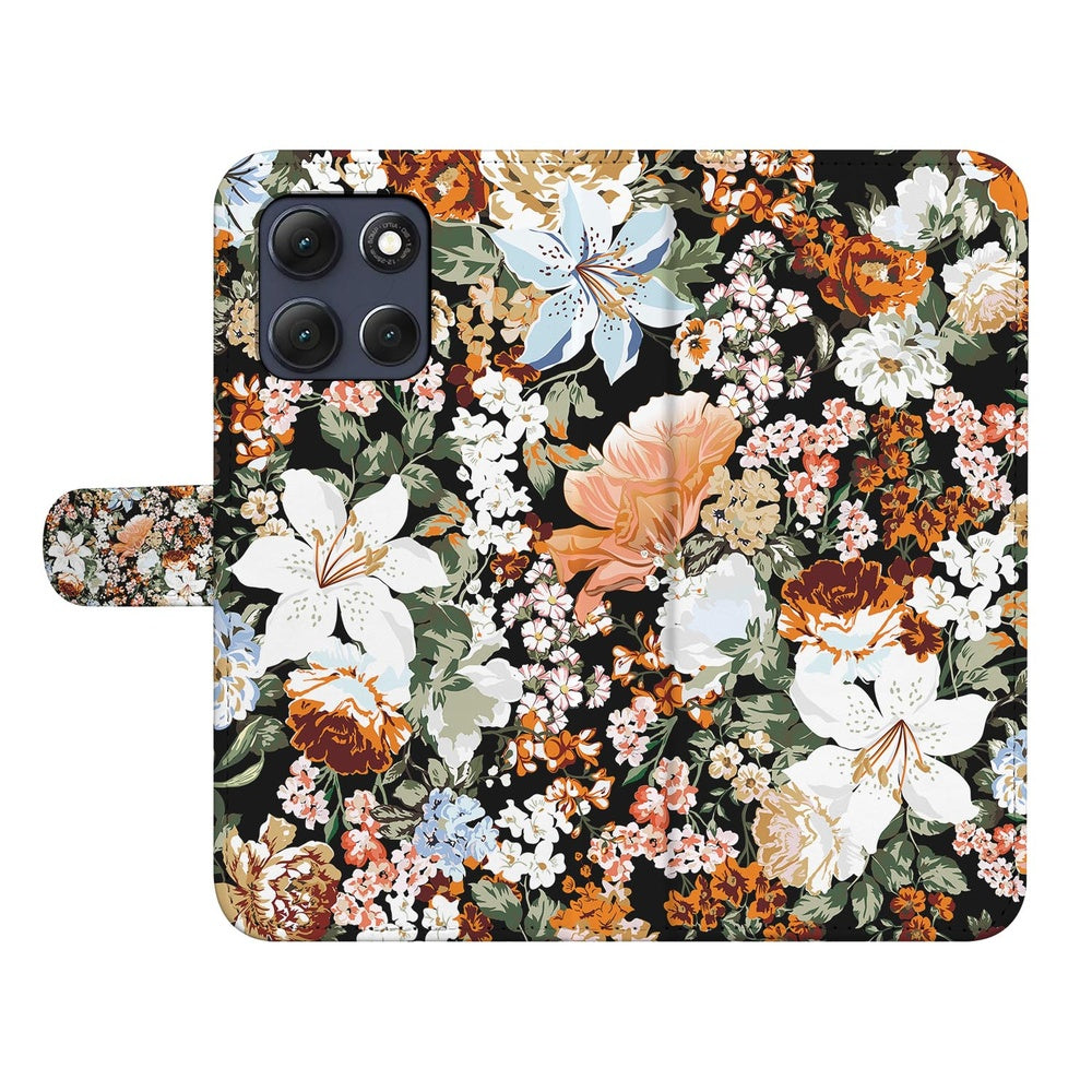 Motorola Moto G86 Portemonnee Hoesje Dark Flowers Aanzicht met kleurrijk bloemenpatroon op zwarte achtergrond.