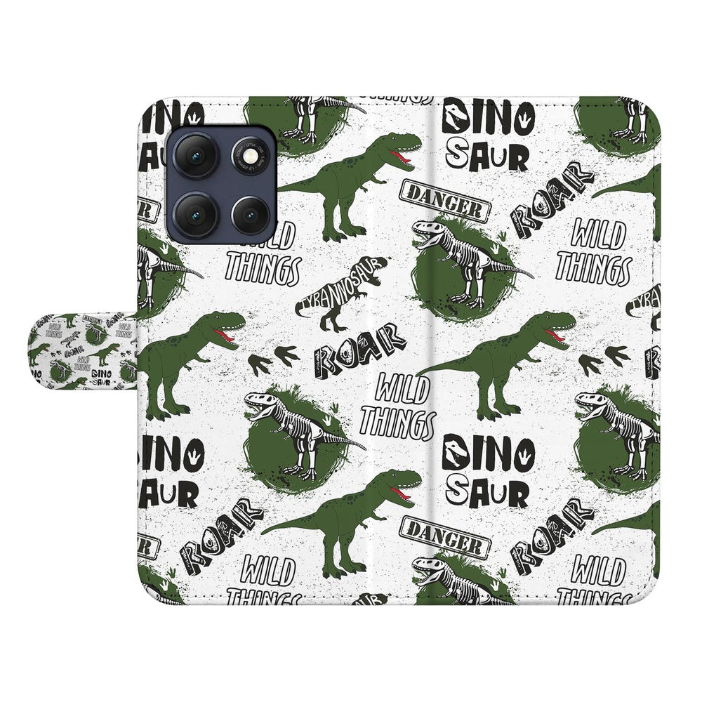 Motorola Moto G86 Book Case Met Pasjes Dino Print Vooraanzicht met dinosaurusontwerp op witte achtergrond.