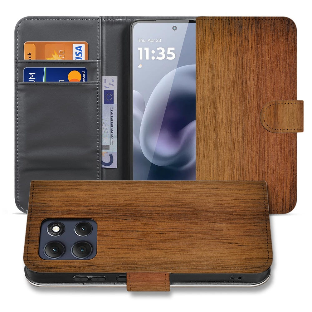 Motorola Moto G86 Bookcase Hoesje Donker Hout Detail Binnenkant Pasjes.