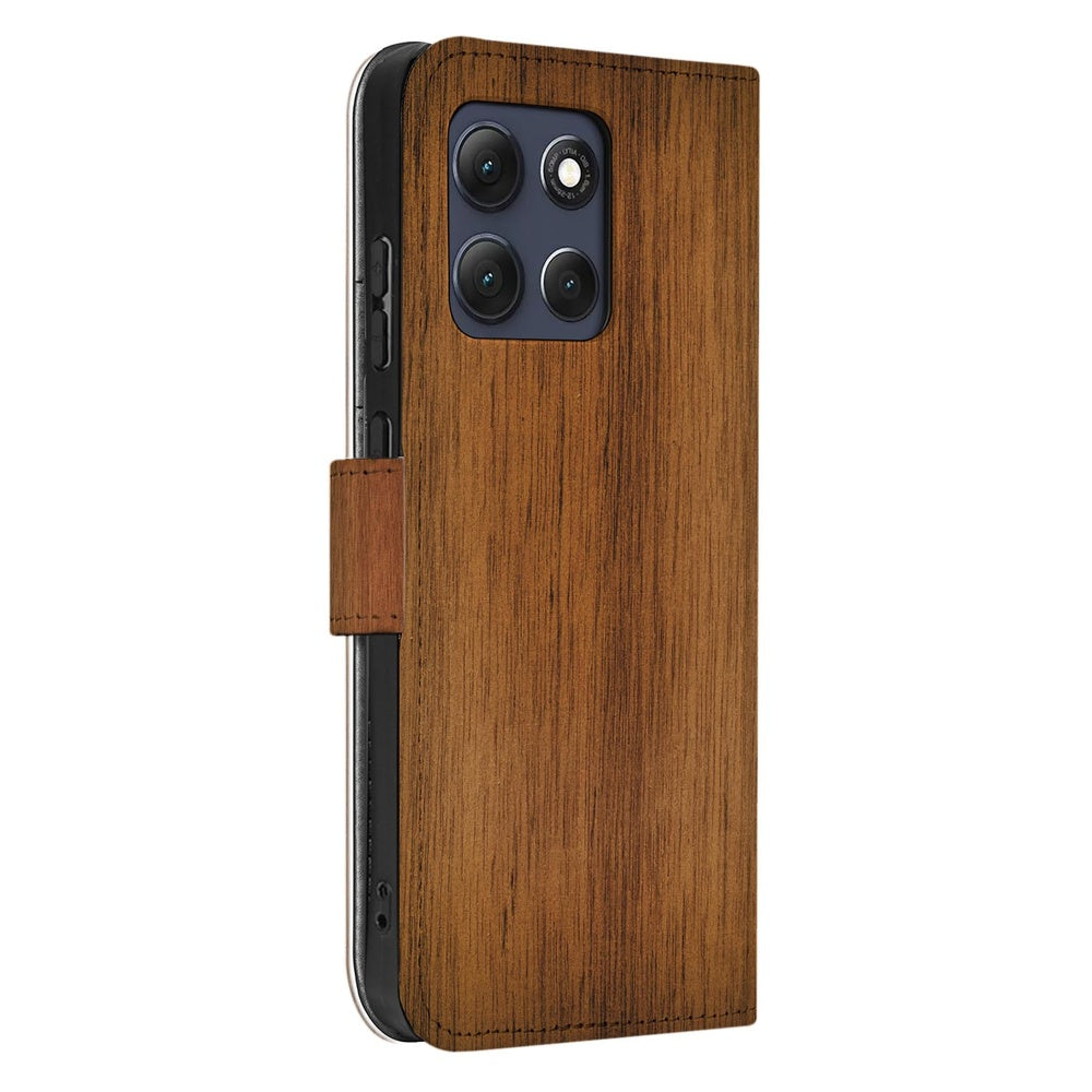 Motorola Moto G86 Bookcase Hoesje Donker Hout Aanzicht van voren.