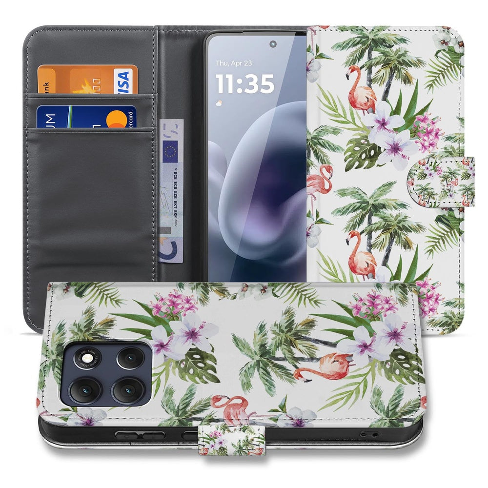 Motorola Moto G86 Telefoonhoesje Flamingo Palms boekcase tropisch vooraanzicht.