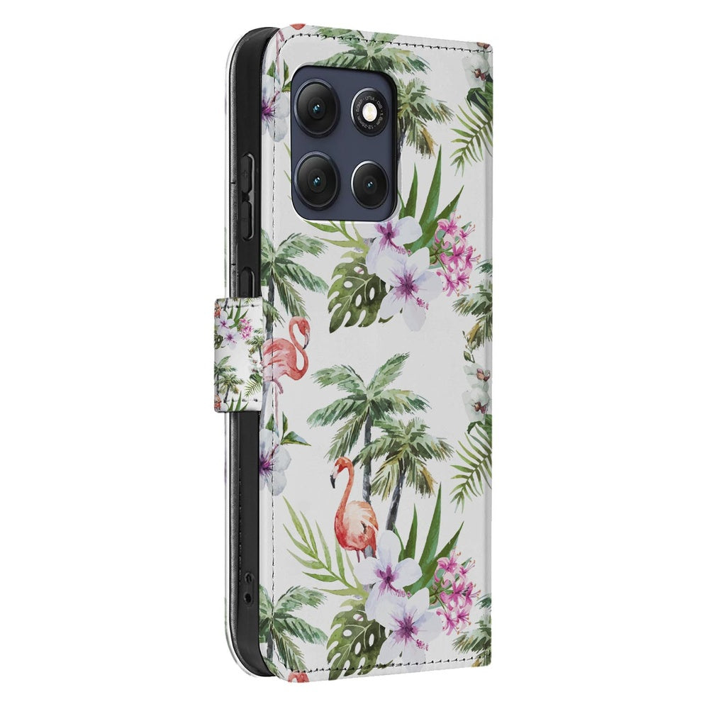 Motorola Moto G86 Telefoonhoesje Flamingo Palms boekcase stijl gecombineerd met tropisch design aanzicht.