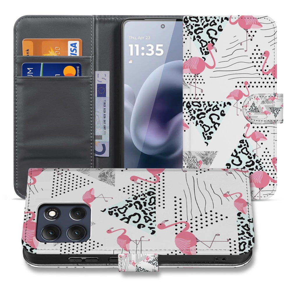 Motorola Moto G86 Bookcase Hoesje Flamingo Triangle Vooraanzicht met Pasjes.